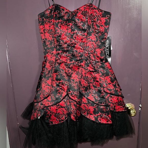 blue dress for baby girl Gothic Black and Red Strapeless Floral Formal Dress main image 1